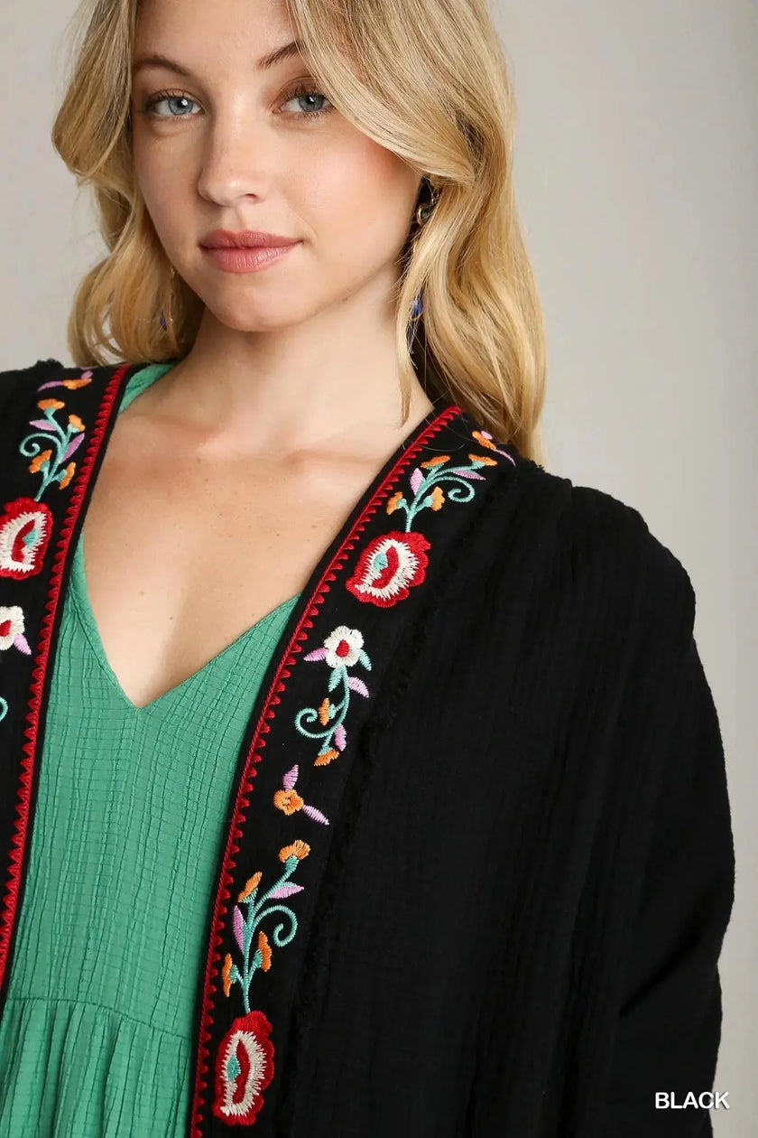Umgee Embroidery Open Front Kimono with Pleated Shoulder Detail  Style Ratio