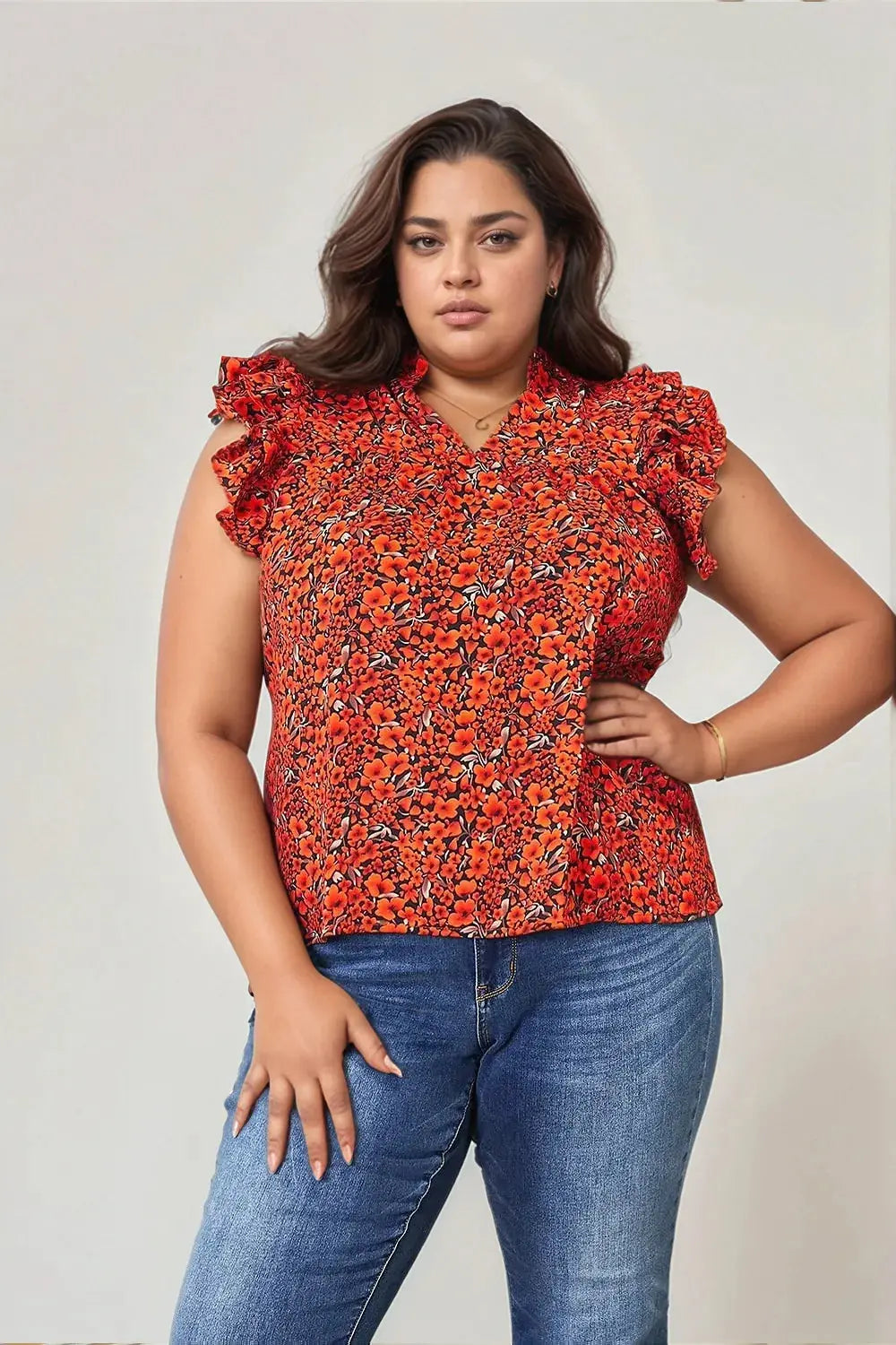 Double Take Floral Flutter Sleeve Notched Neck Blouse  Style Ratio