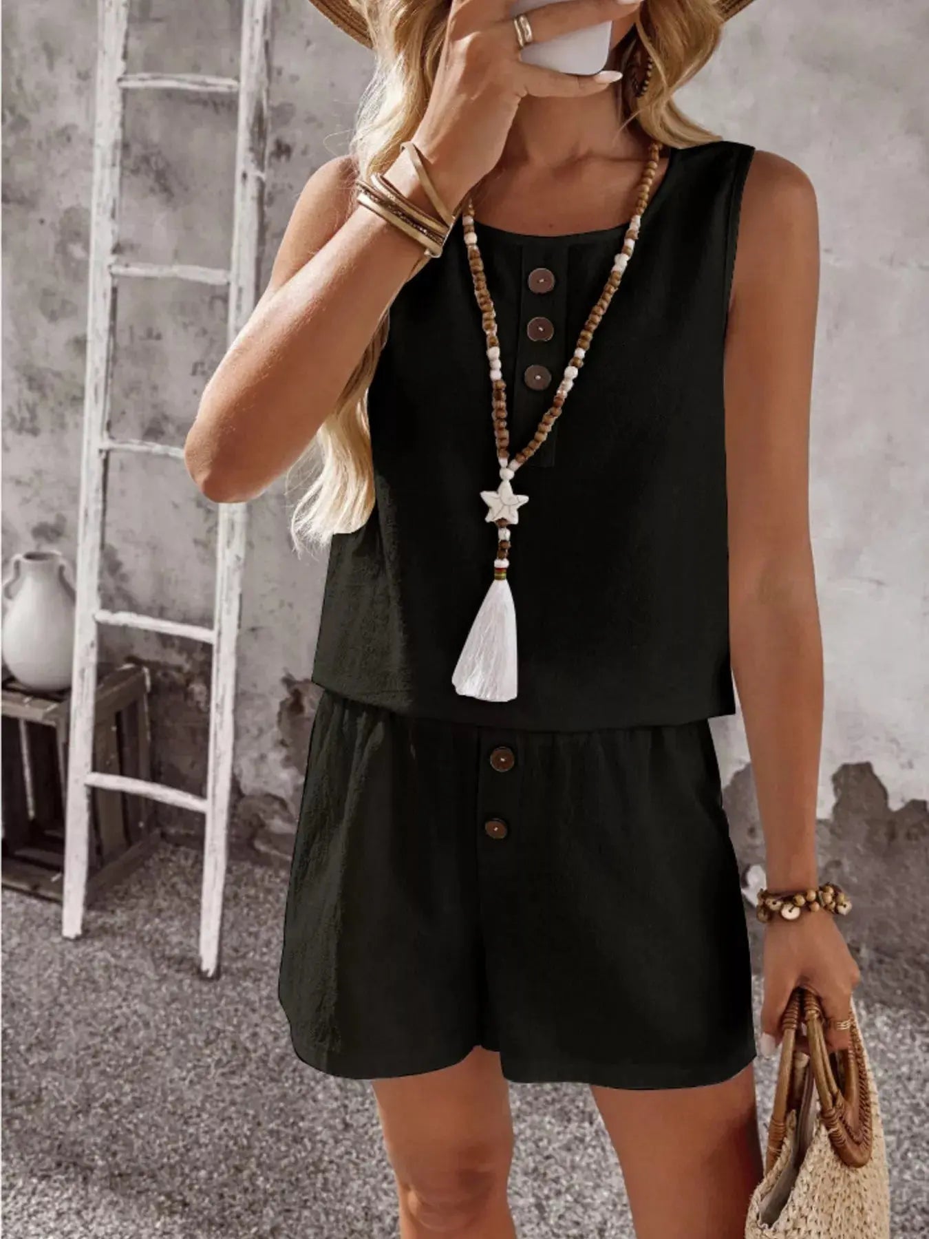 Decor Button Round Neck Tank and Shorts Set  Style Ratio