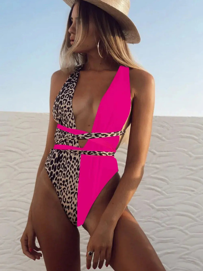 Tied Leopard Plunge One-Piece Swimwear  Style Ratio