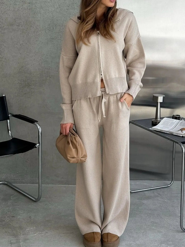 Zip Up Cardigan and Drawstring Wide Leg Pants Knit Set  Style Ratio