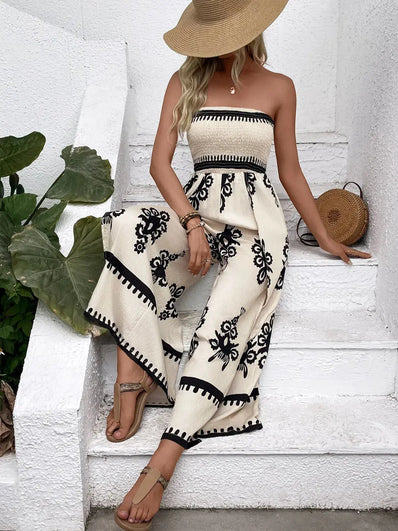 Smocked Printed Wide Leg Jumpsuit  Style Ratio