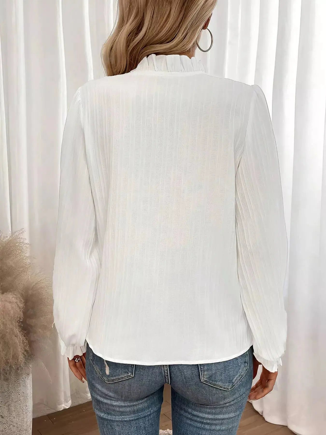 Ruffle Notched Long Sleeve Blouse  Style Ratio