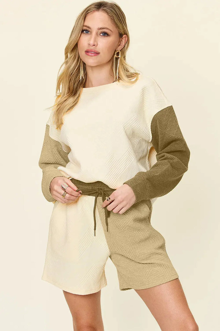 Double Take Full Size Contrast Drop Shoulder Top and Shorts Set  Style Ratio