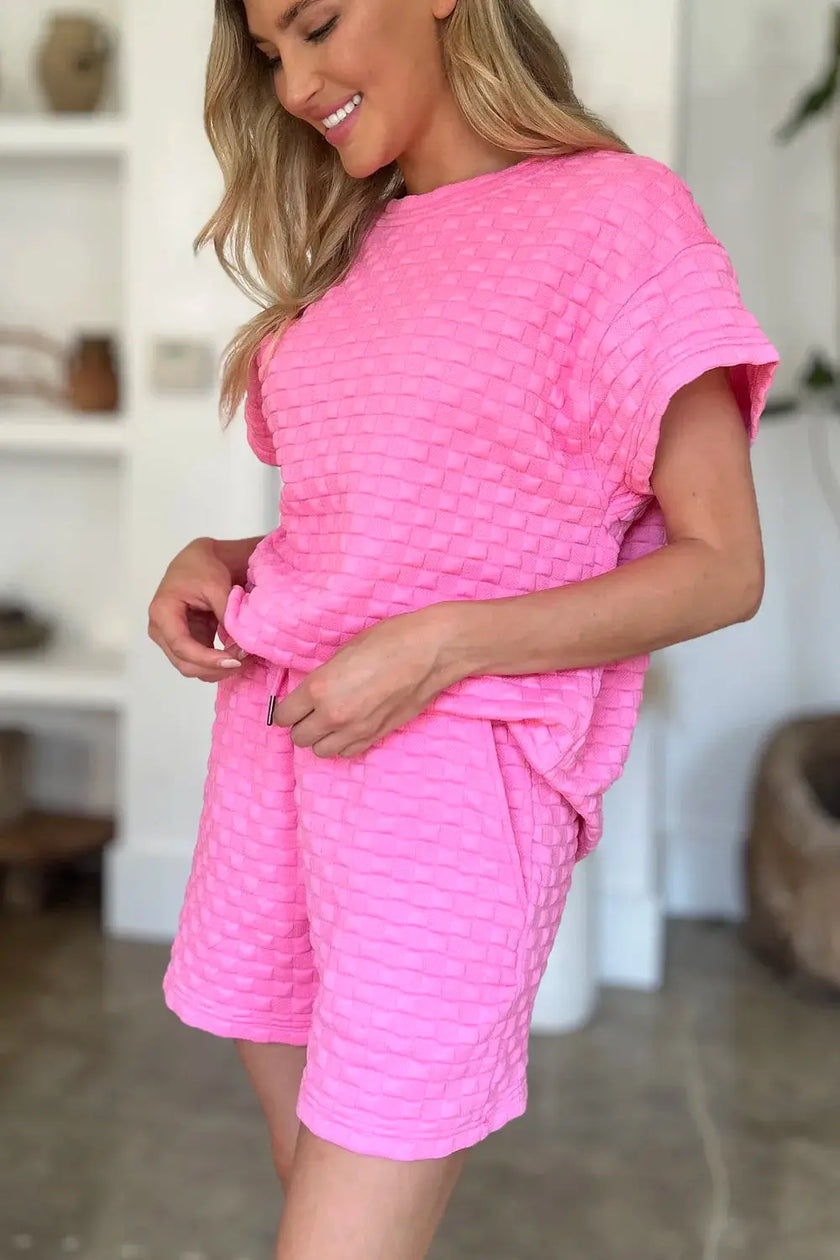 Double Take Full Size Texture T-Shirt and Shorts Set  Style Ratio