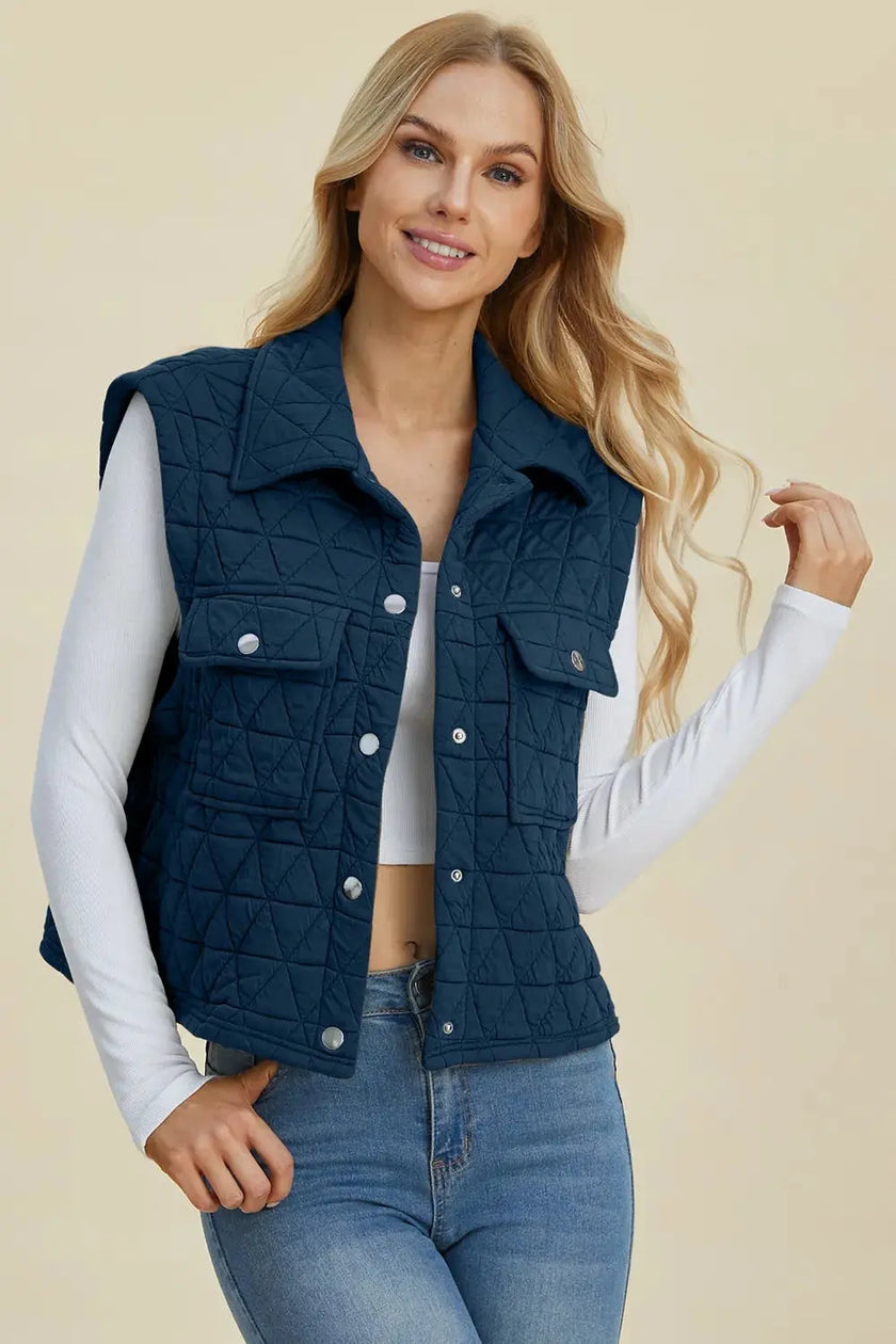 Double Take Full Size Pocketed Texture Snap Down Vest Coat  Style Ratio