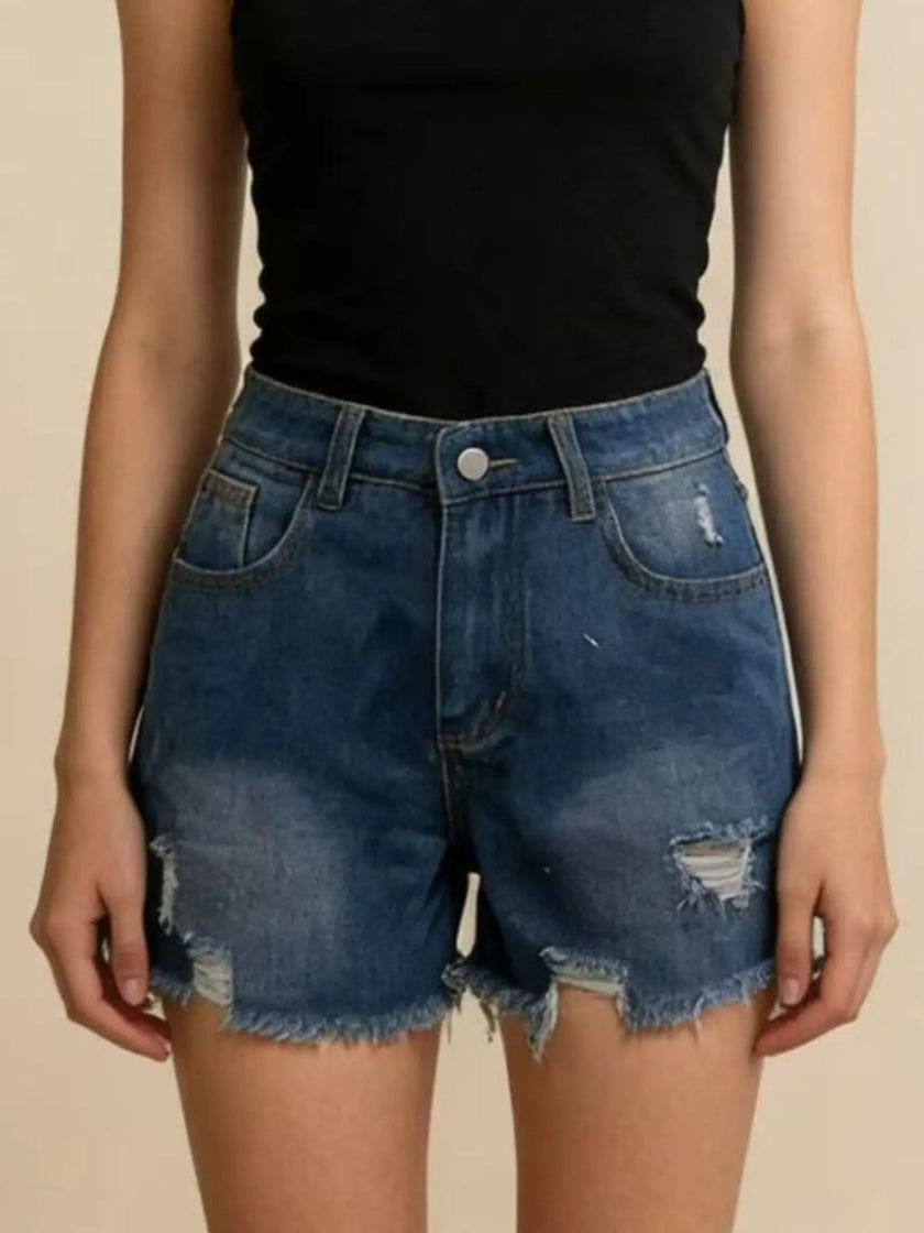 Distressed Frayed Hem Denim Shorts  Style Ratio