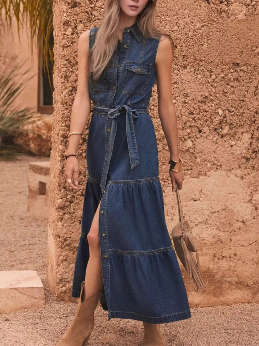 Button Front Sleeveless Denim Dress  Style Ratio