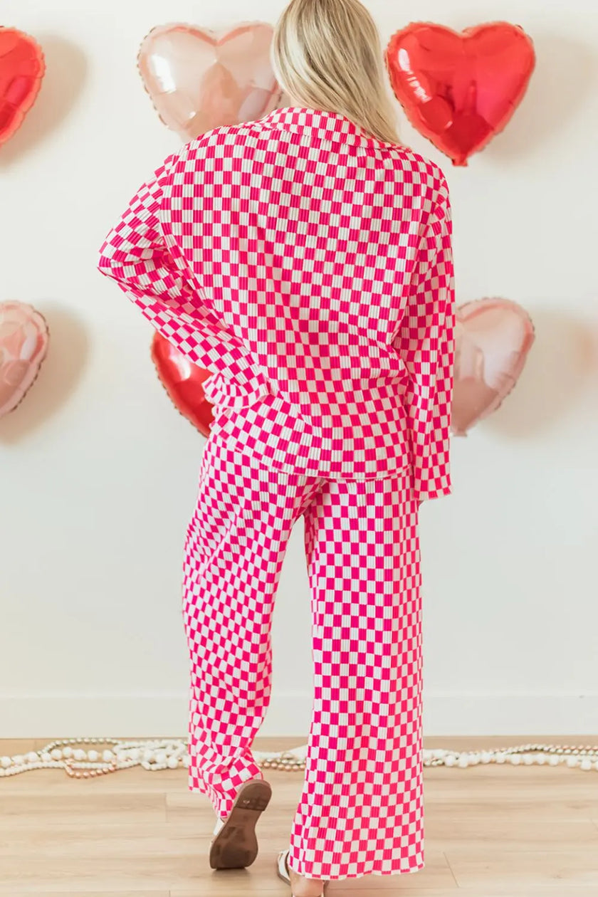 Checkerboard Print Long Sleeve Top and Pants Set  Style Ratio
