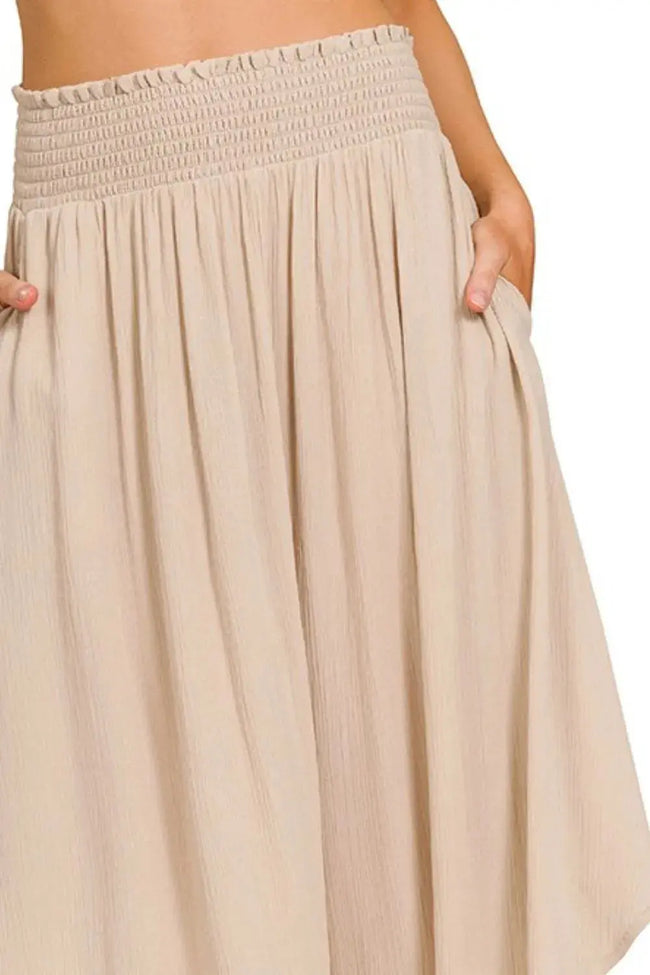 Zenana Woven Crinkle Smocked Waist Maxi Skirt W/ Pockets  Style Ratio