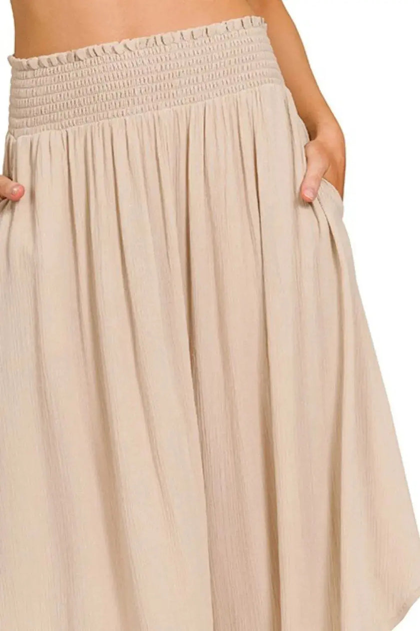 Zenana Woven Crinkle Smocked Waist Maxi Skirt W/ Pockets  Style Ratio