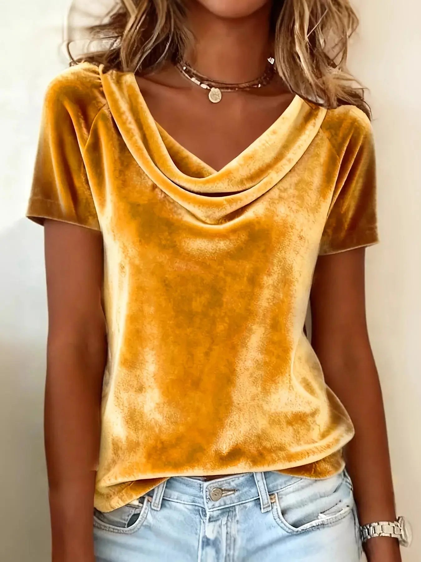 Full Size Cowl Neck Short Sleeve Top  Style Ratio