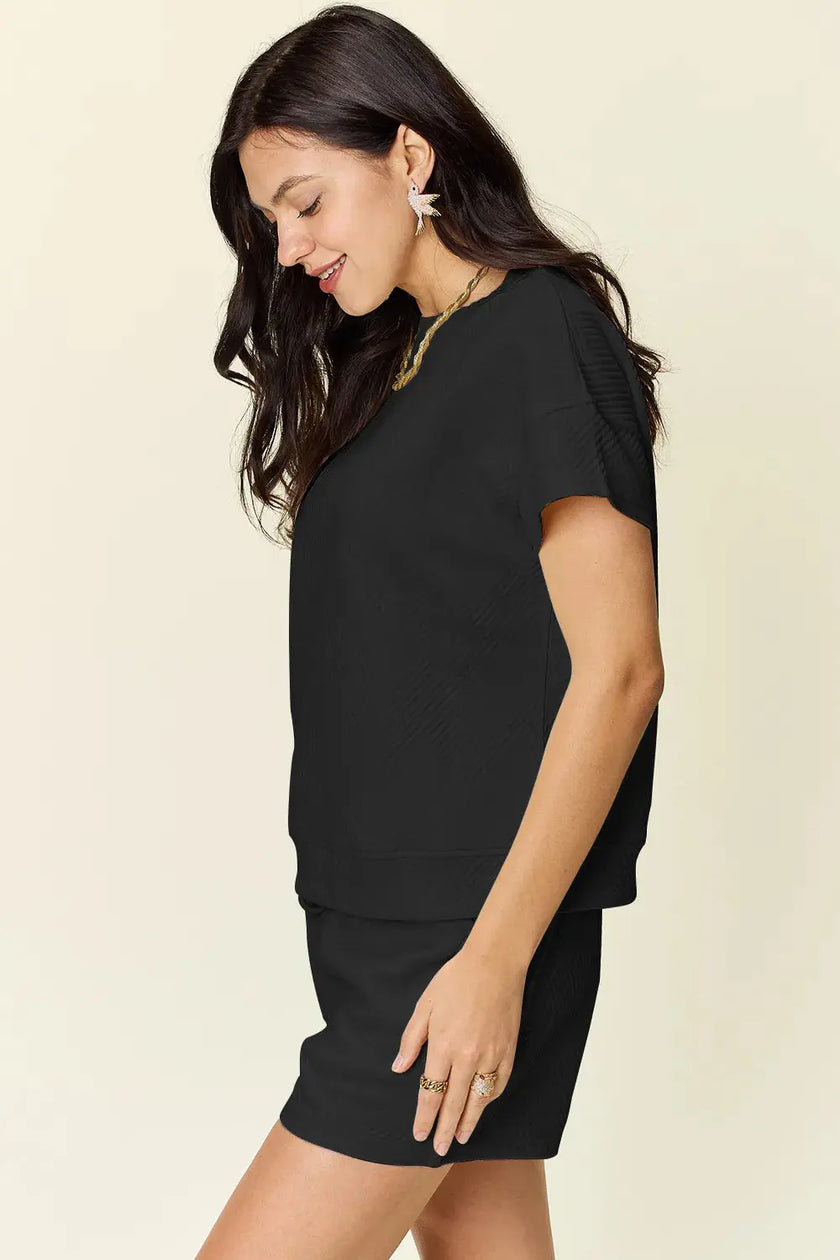 Double Take Full Size Texture Short Sleeve T-Shirt and Drawstring Shorts Set  Style Ratio
