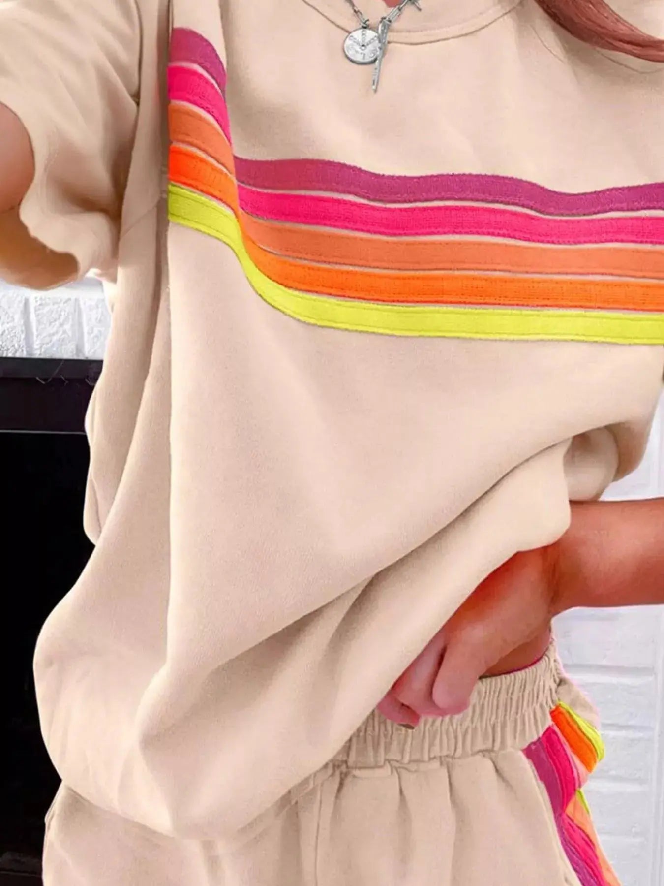 Rainbow Striped Round Neck Top and Shorts Set  Style Ratio