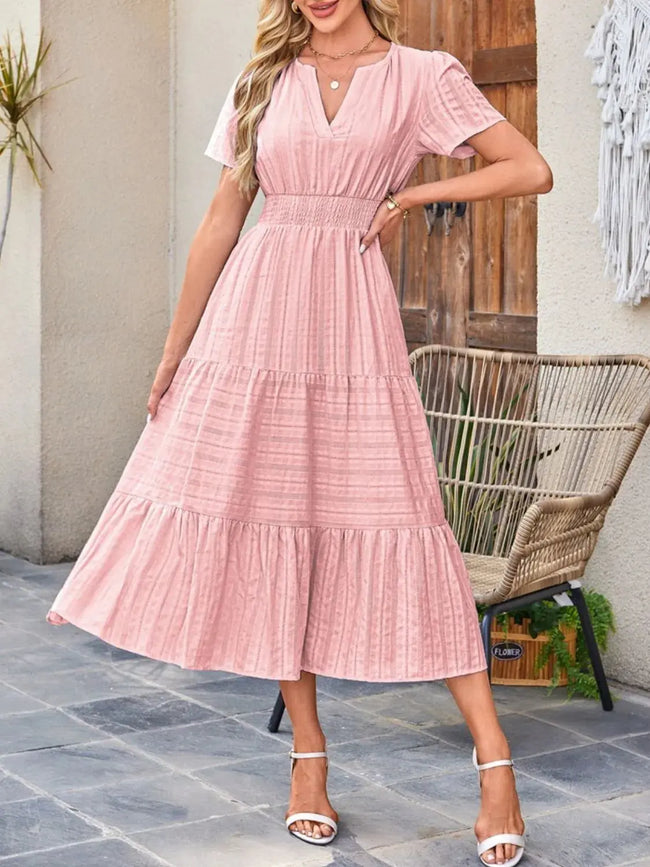 Tiered Notched Short Sleeve Dress  Style Ratio