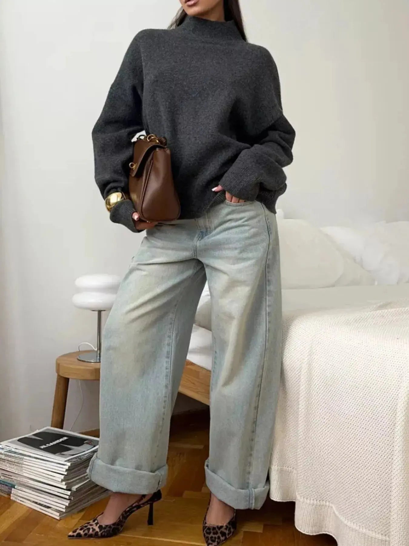 Mock Neck Dropped Shoulder Sweater  Style Ratio