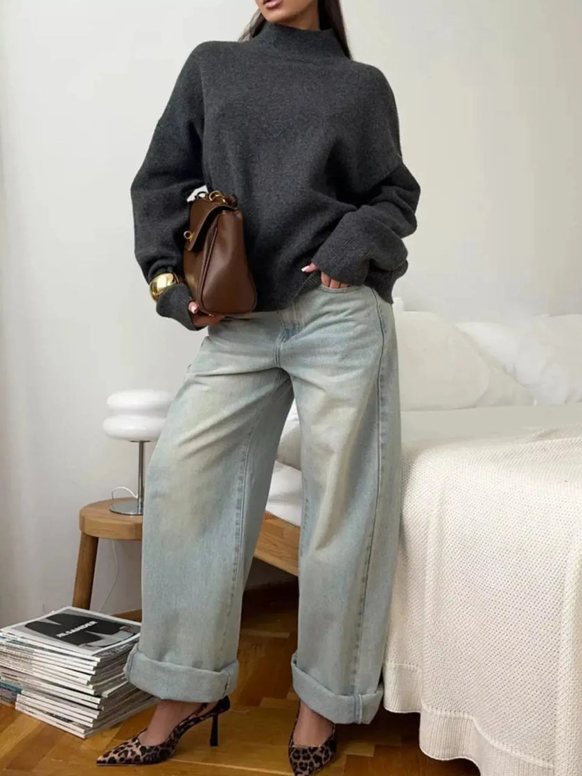 Mock Neck Dropped Shoulder Sweater  Style Ratio
