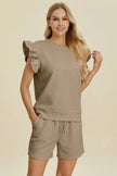 Double Take Full Size Texture Round Neck Ruffle Sleeve Top and Shorts Set  Style Ratio