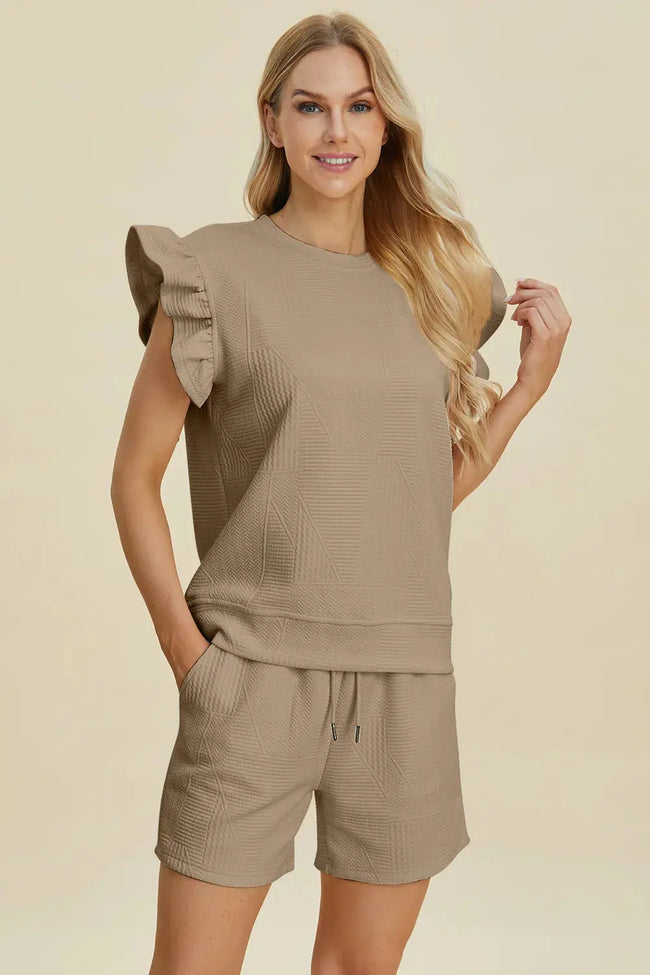 Double Take Full Size Texture Round Neck Ruffle Sleeve Top and Shorts Set  Style Ratio