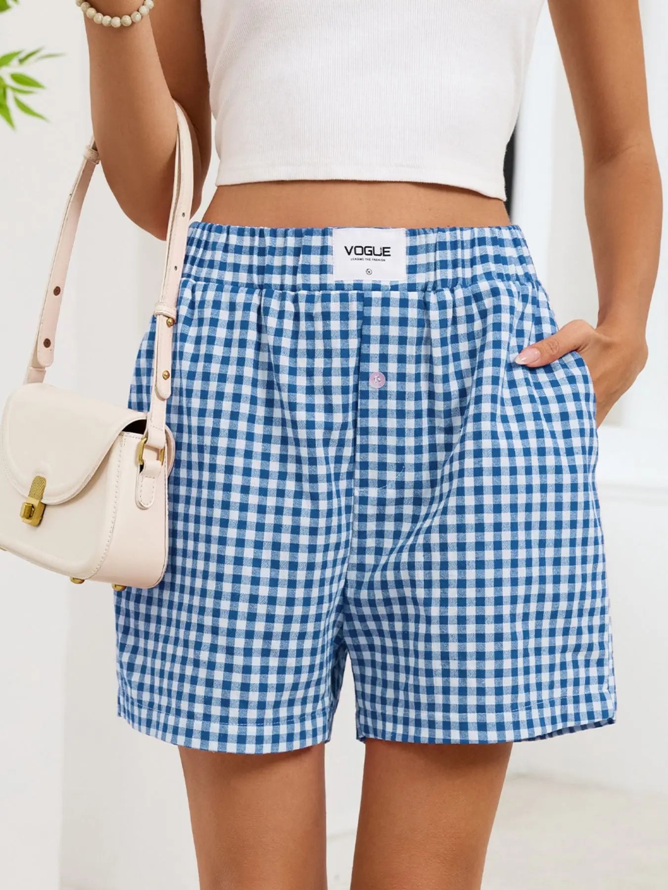 Gingham Elastic Waist Casual Shorts  Style Ratio