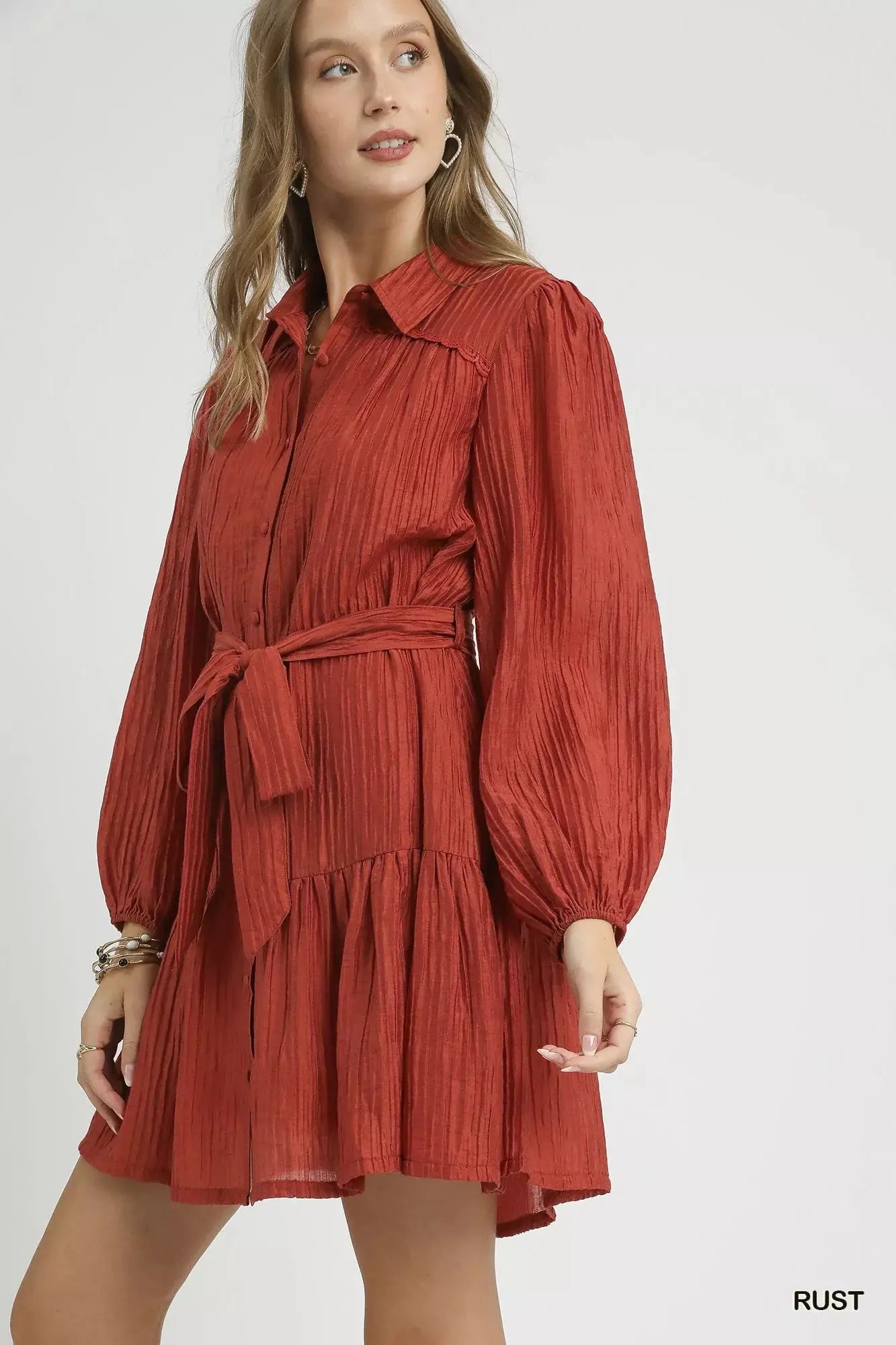 Umgee Crinkle Button-Front Tiered Mini Dress with Waist Tie  Style Ratio