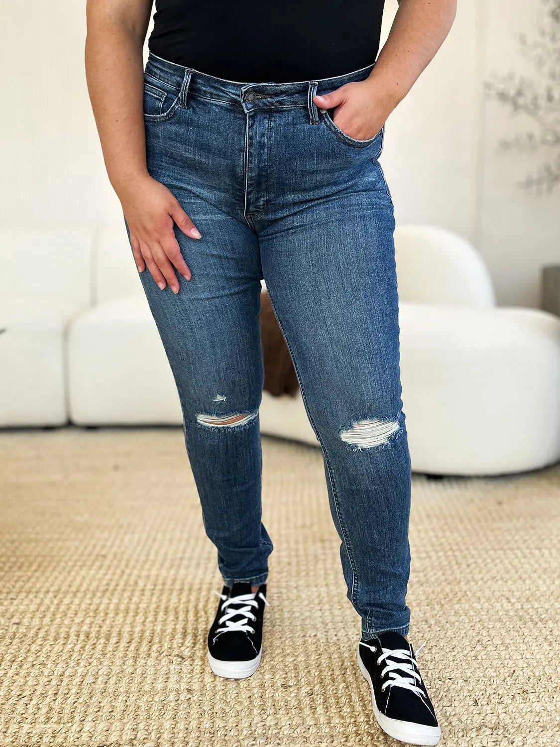 Judy Blue Mid Waist Distressed Slim Jeans  Style Ratio
