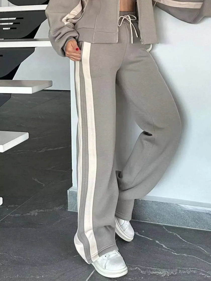 Full Size Contrast Stripe Zip Up Jacket and Pants Set  Style Ratio