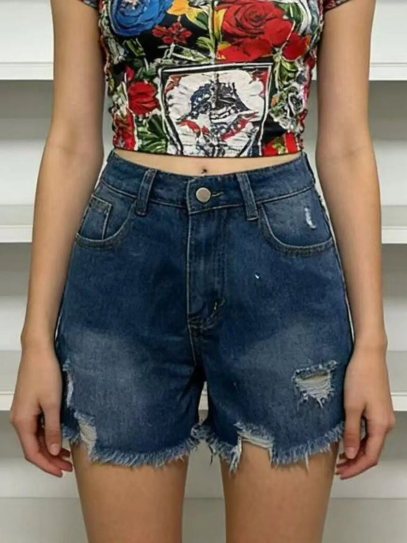 Distressed Frayed Hem Denim Shorts  Style Ratio