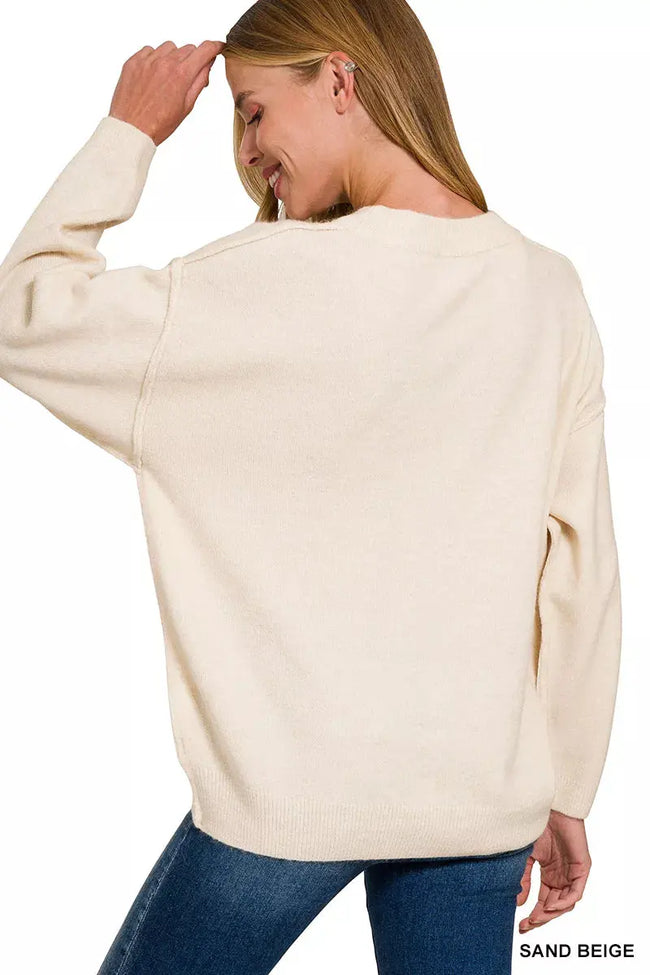 Zenana Melange Front Seam Round-Neck Sweater  Style Ratio
