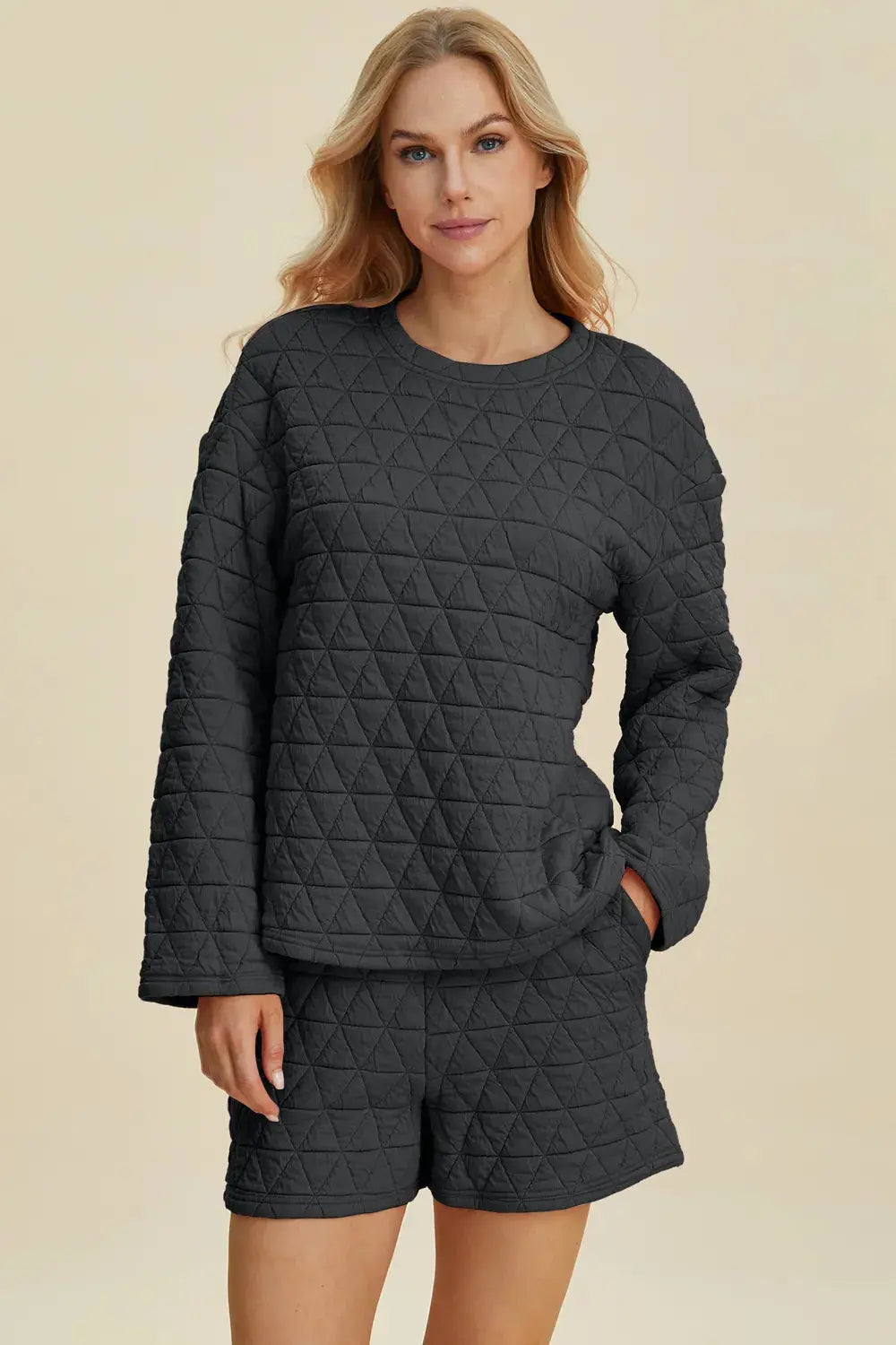 Double Take Texture Round Neck Long Sleeve Top and Shorts Set  Style Ratio