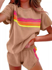 Rainbow Striped Round Neck Top and Shorts Set  Style Ratio