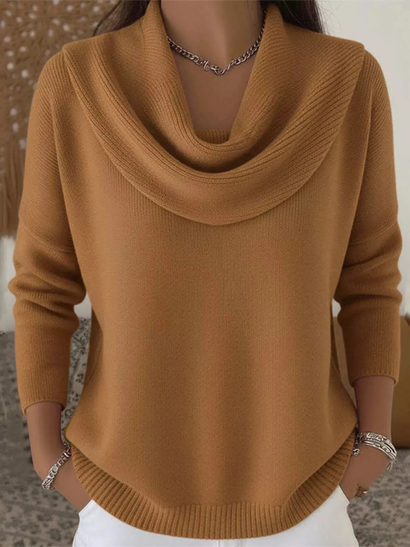 Drape Neck Long Sleeve Knit Top  Style Ratio