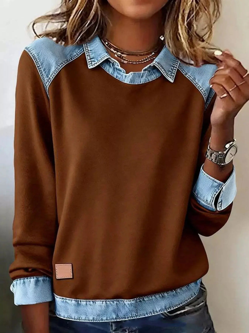 Full Size Denim Trim Long Sleeve Top  Style Ratio