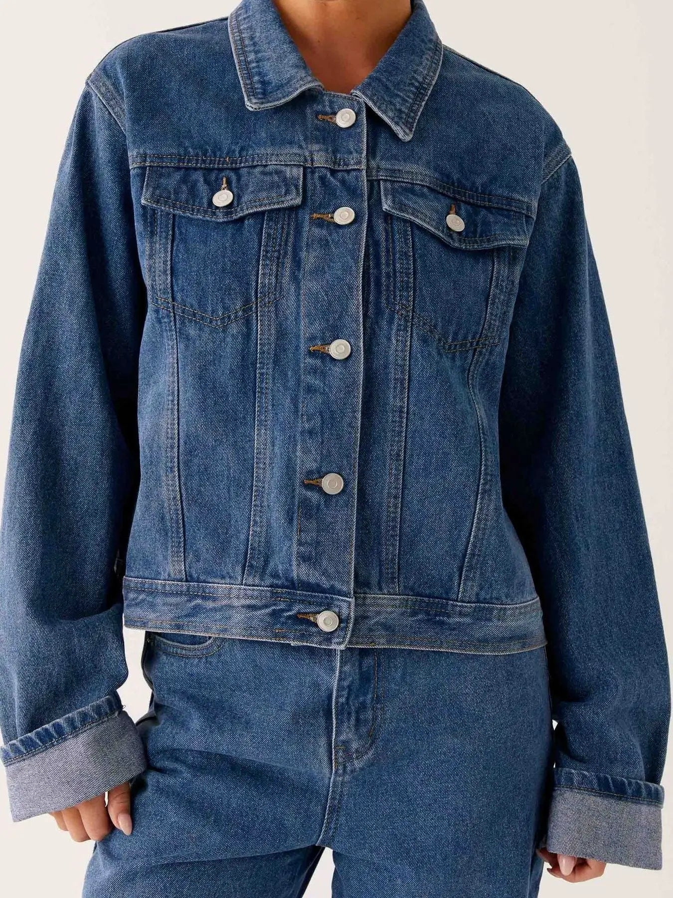 Button Down Cropped Oversized Denim Jacket  Style Ratio