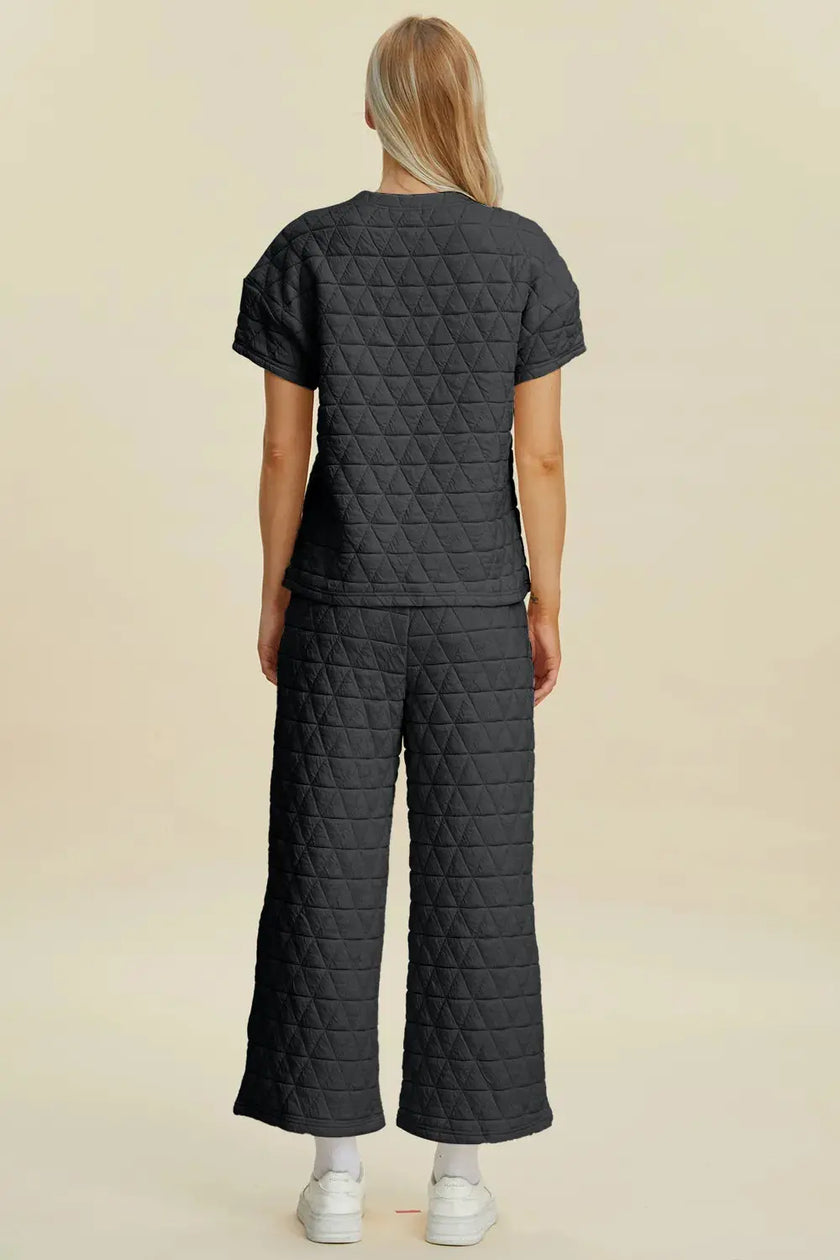 Double Take Full Size Texture Round Neck Short Sleeve Top and Pants Set  Style Ratio