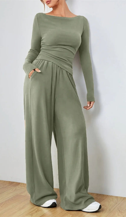 Casual Long Sleeve Top & Wide Leg Pants Set  Style Ratio
