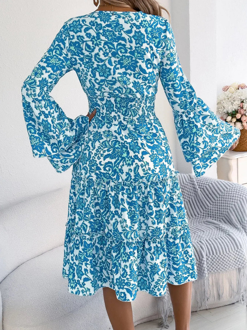 Floral Print Smocked Ruffle Hem Flared Sleeve Dress  Style Ratio