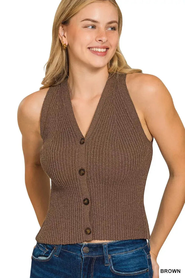 Zenana Ribbed Knit Button-Down Sweater Vest  Style Ratio