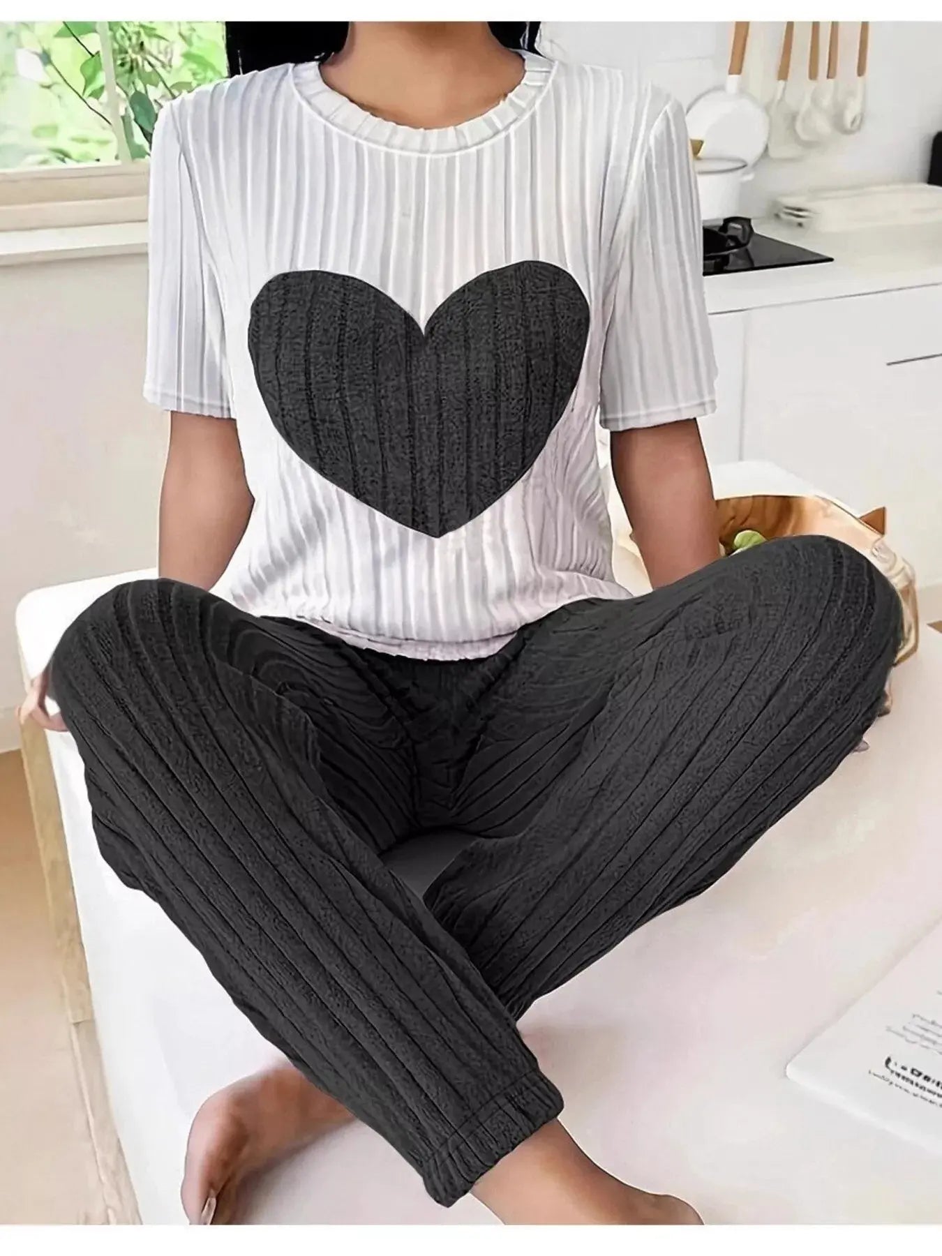 Heart Ribbed Knit Top and Pants Lounge Set  Style Ratio