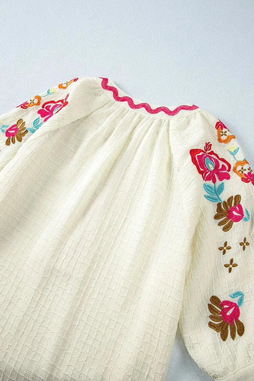Floral Embroidered Notched Puff Sleeve Blouse  Style Ratio