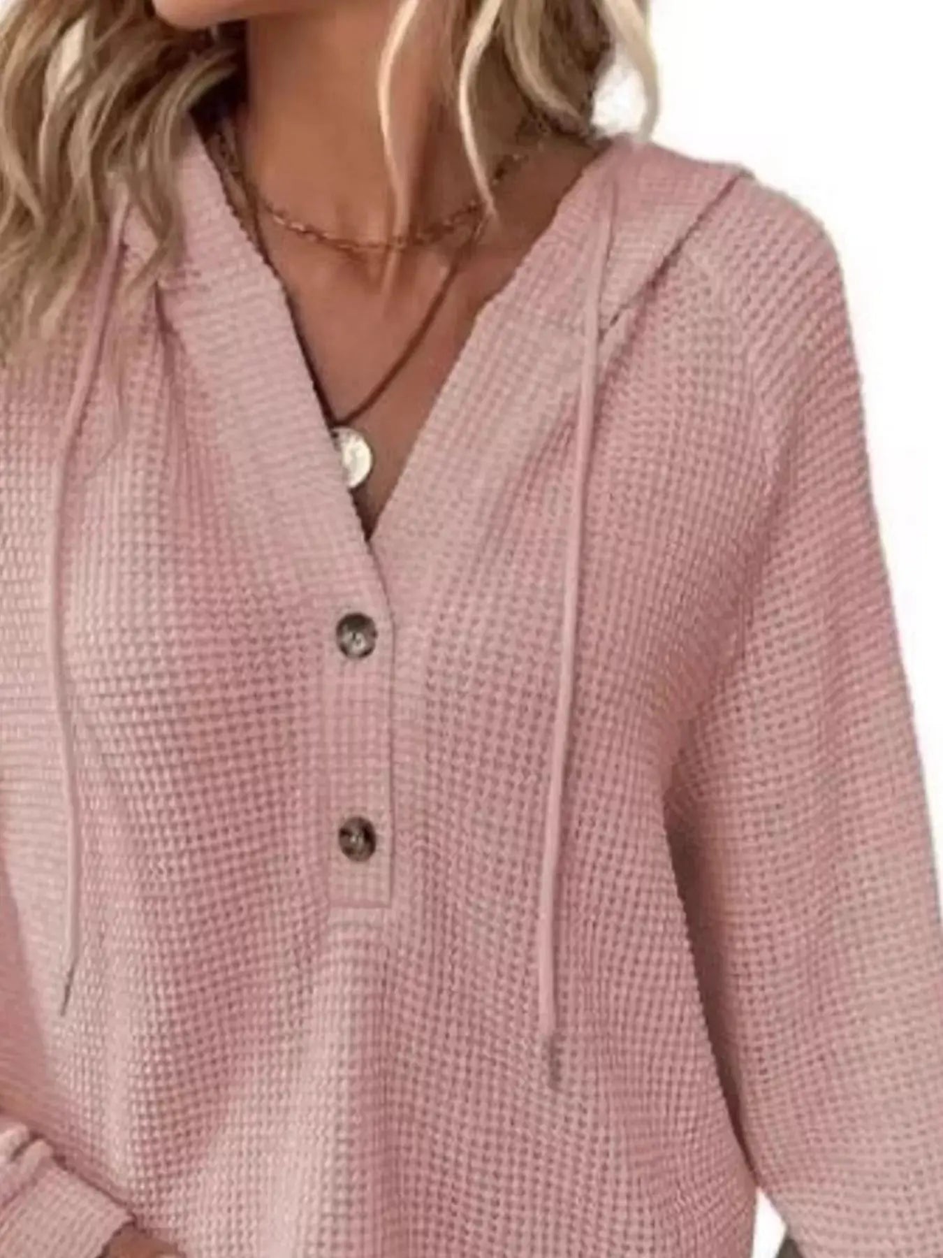 Full Size Button Detail Waffle Knit Hoodie  Style Ratio