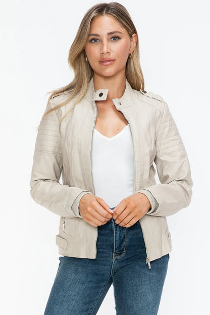 Snobbish Leather Biker Jacket with Side Zip Pockets Trendsi