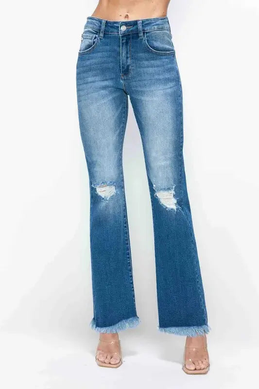 bytos Full Size Raw Hem Distressed High Rise Bootcut Jeans  Style Ratio