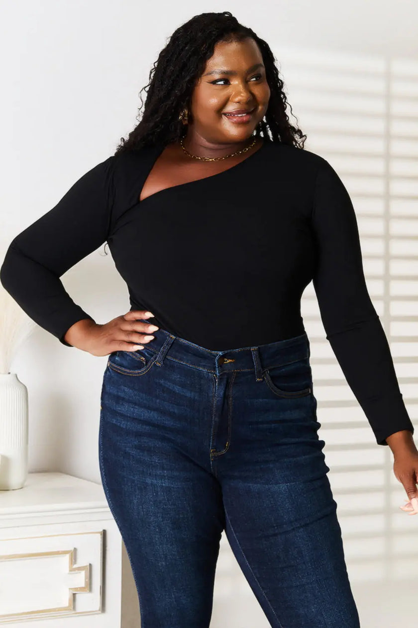 Basic Bae Asymmetrical Neck Long Sleeve Shirt  Style Ratio