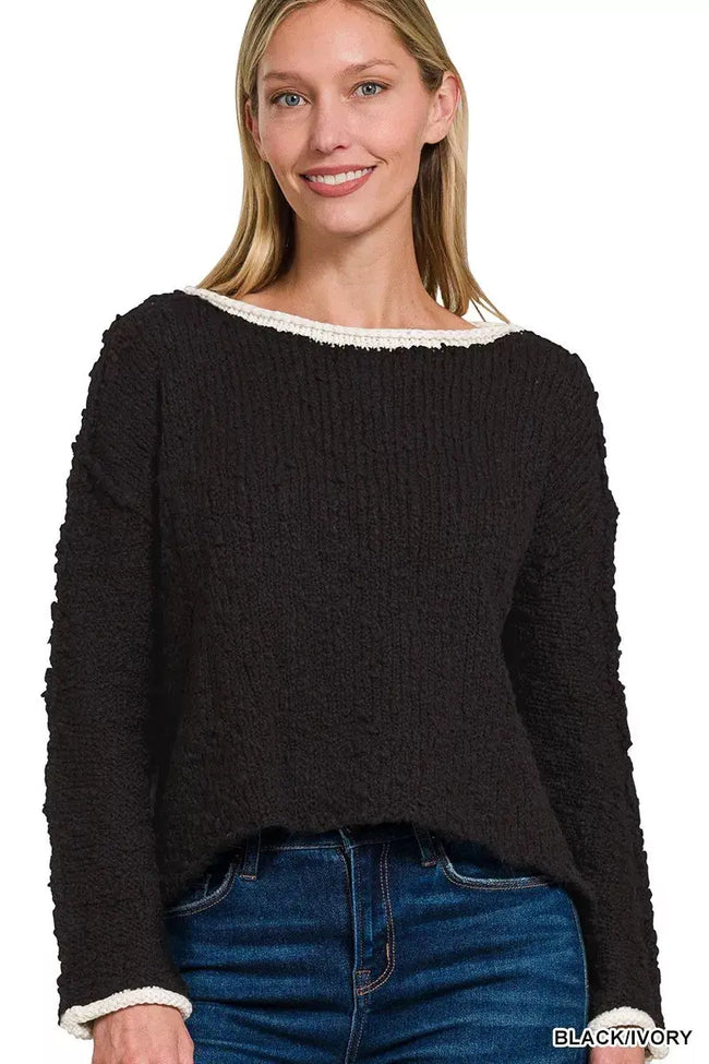 Zenana Contrast Trim Cropped Sweater  Style Ratio