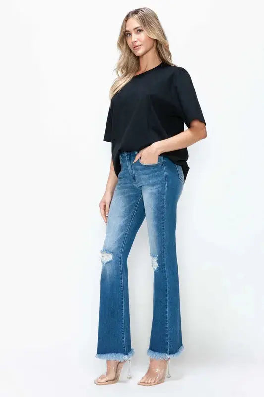 bytos Full Size Raw Hem Distressed High Rise Bootcut Jeans  Style Ratio