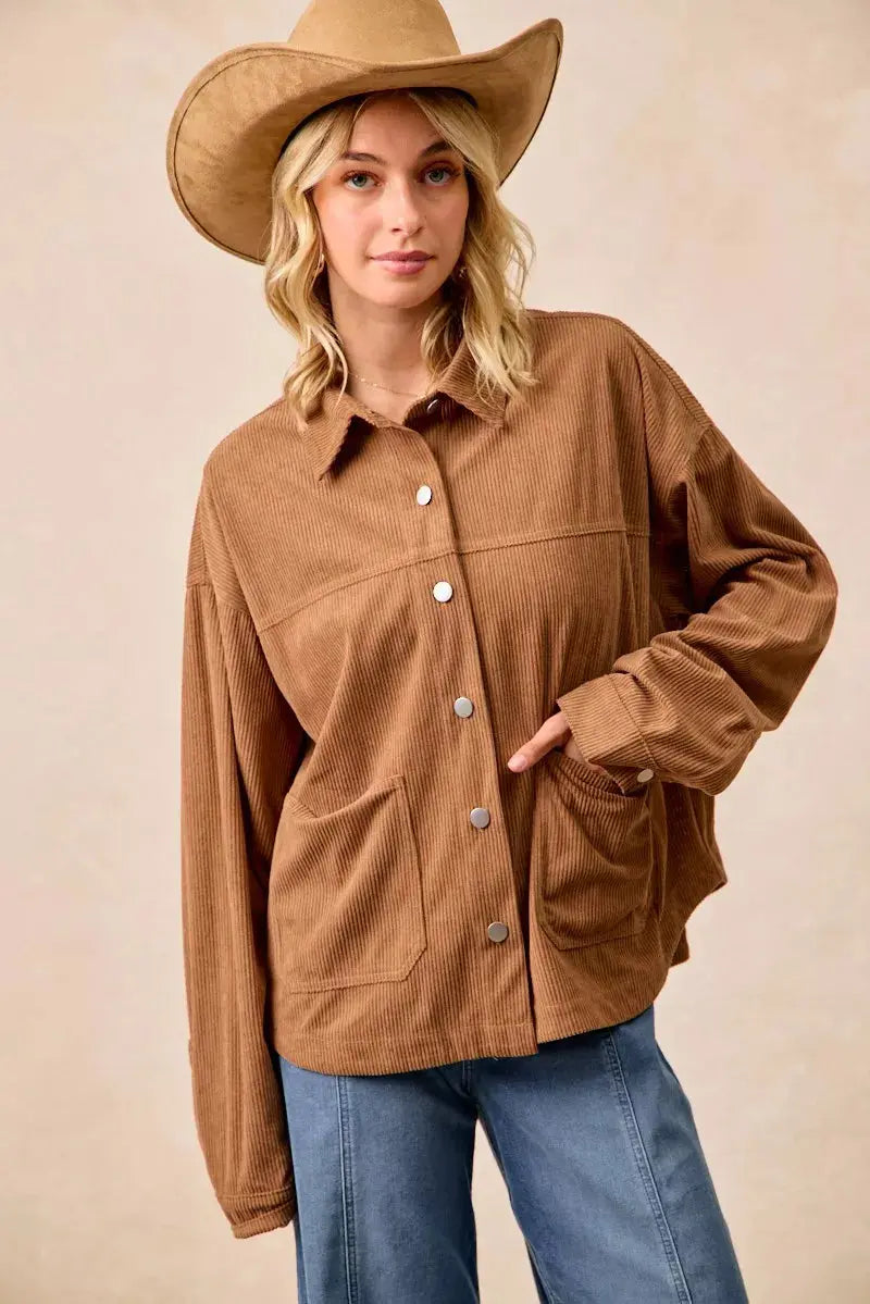 BiBi Corduroy Relaxed Fit Long Sleeve Shacket  Style Ratio