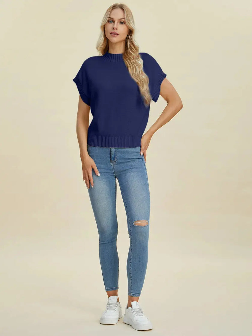 Double Take Full Size Mock Neck Short Sleeve Sweater  Style Ratio
