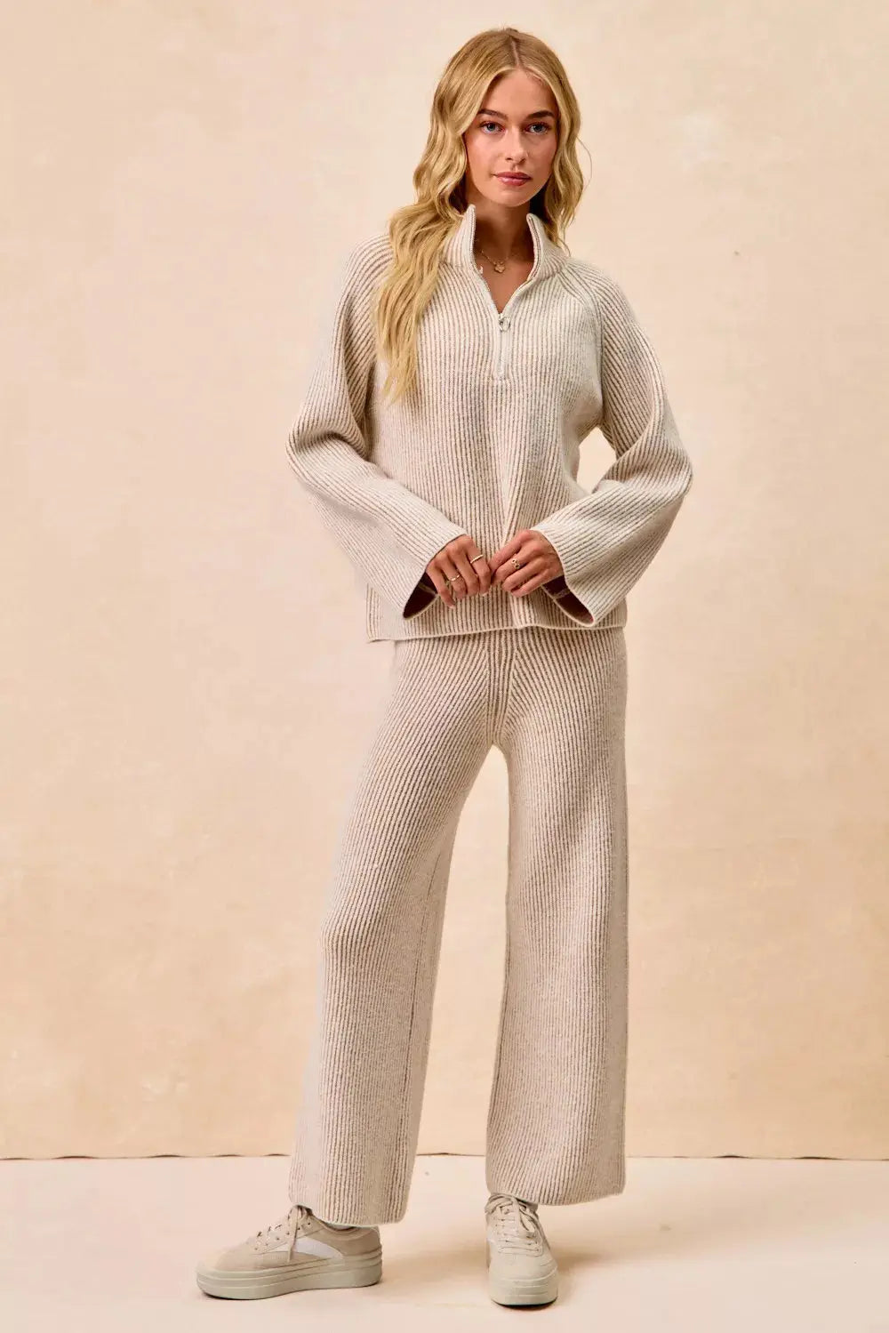 BiBi Two Tone Rib Textured Knit Collared Top with Zip Up  Style Ratio