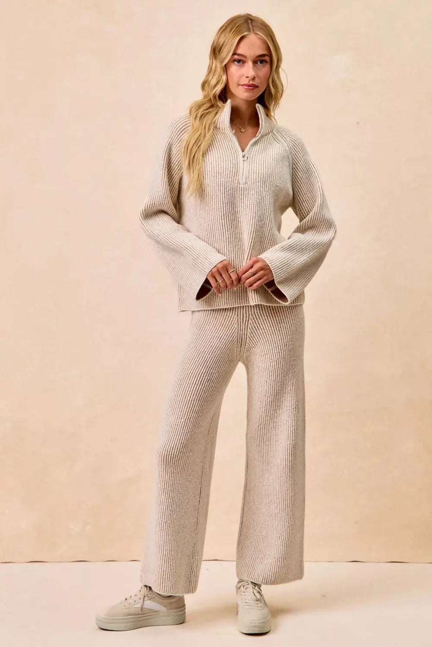BiBi Two Tone Rib Textured Knit Collared Top with Zip Up  Style Ratio